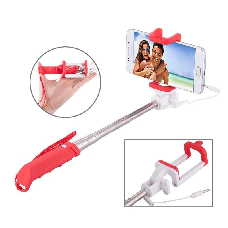Portable Mini Wire Controlled Rainbow Selfie Stick Monopod Folding Extendable Pocket Handheld Holder for iOS & Android Phone, Folded Length: 15.5cm, Max Extension Length: 61.0cm (Red)