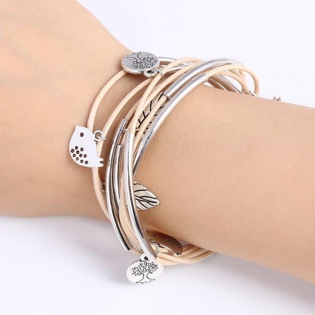 3PCS Silver Charm Leaves Tibetant Silver Multilayer Bracelets (Black)