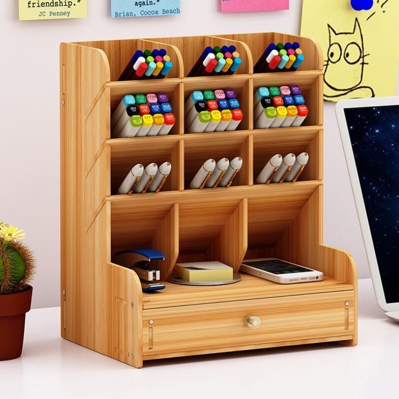 Children Student Multifunctional Wooden Desktop Storage Pen Holder Hand Account Tape Stationery (B11 Cherry Wood)