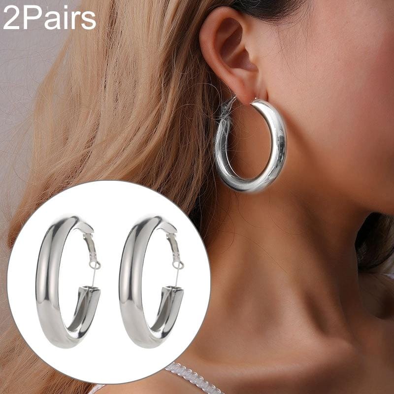 2 Pairs Women Vintage Big Crircle Earrings (Silver)