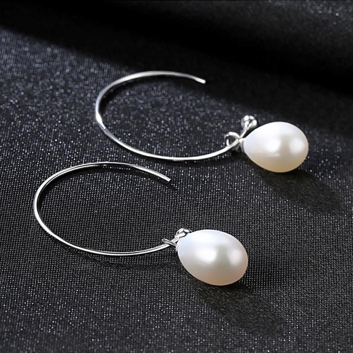 925 Sterling Silver Big Half Circle Earwire Drop Natural Freshwater Pearls Earring (White)