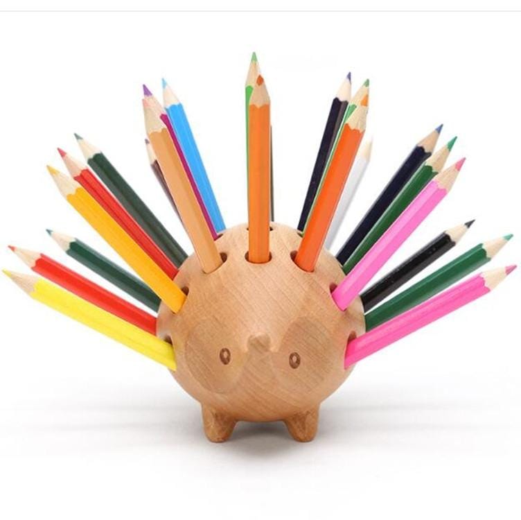 Wooden Hedgehog 24 Hole Pen Inserted Stand Multi-Functional Desk Holder Children Lovely Pencil Holder with 24 Color Pencils (Wood)