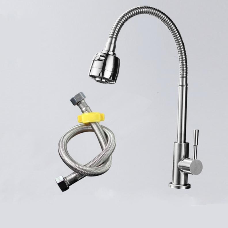 Kitchen Faucet Anti-splash Head Wash Basin Sink Universal Rotatable Faucet Full Copper Joint, Style:304 Cold Water+60cm Tube