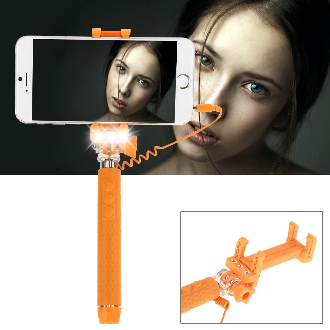 Portable Wire Controlled Monopod Folding Extendable Handheld Pocket Holder Selfie Stick with Sync LED Flash Light  for iOS & Android Phone, Folded Length: 13.5cm, Max Extension Length: 70.0cm (Orange)