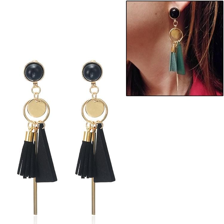 Fashion triangle geometric wood earrings Retro female tassel long women earrings Jewelry (Black)