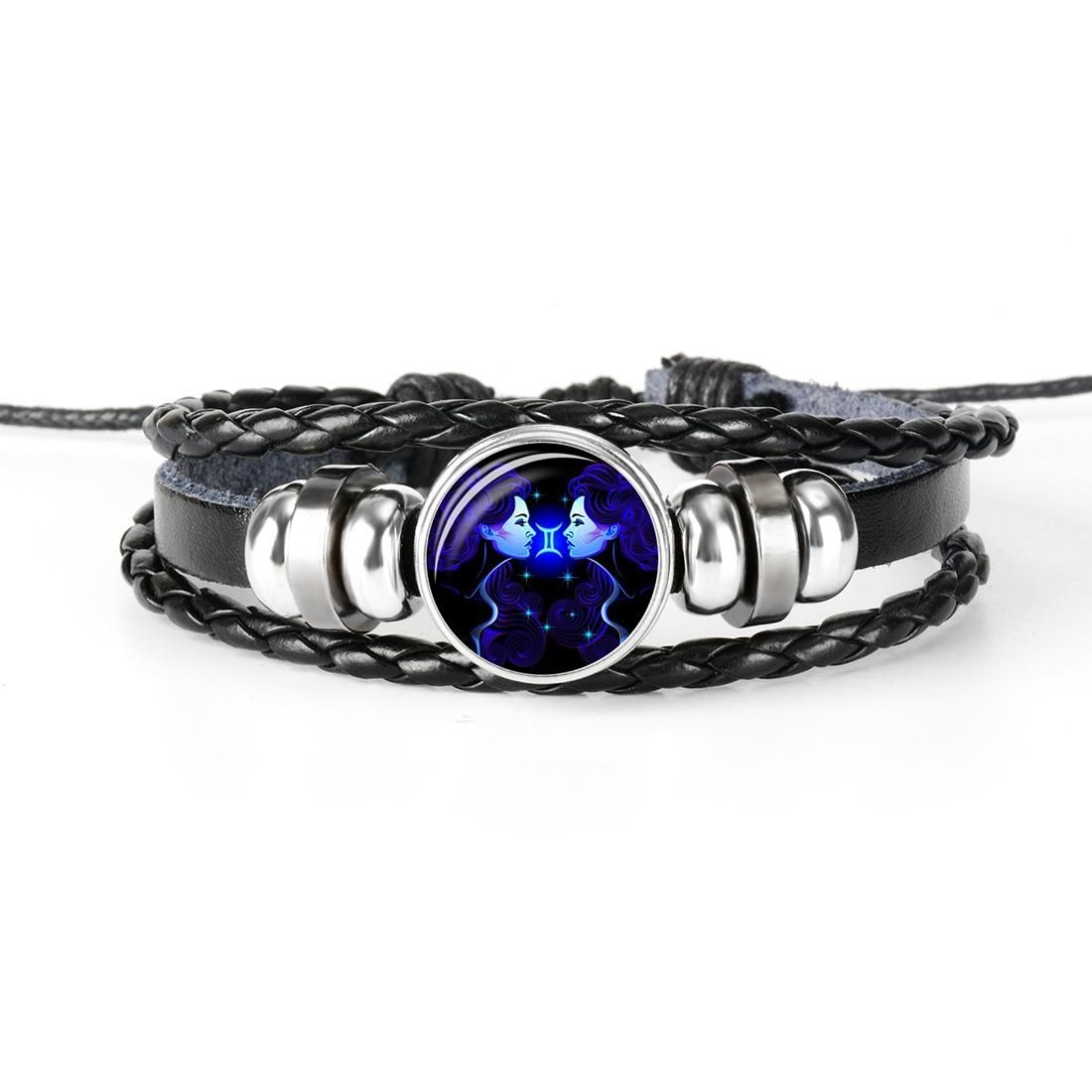 12 Constellation Black Braided Leather Glass Dome Punk Men Bracelet (Cancer)