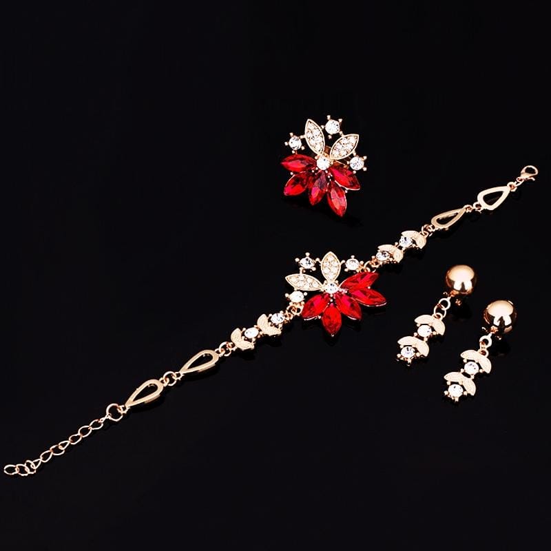 4 PCS Women Fashion Diamond-shape Leaves Flowers Necklaces Rings Bracelets Earrings Jewelry Set (White)