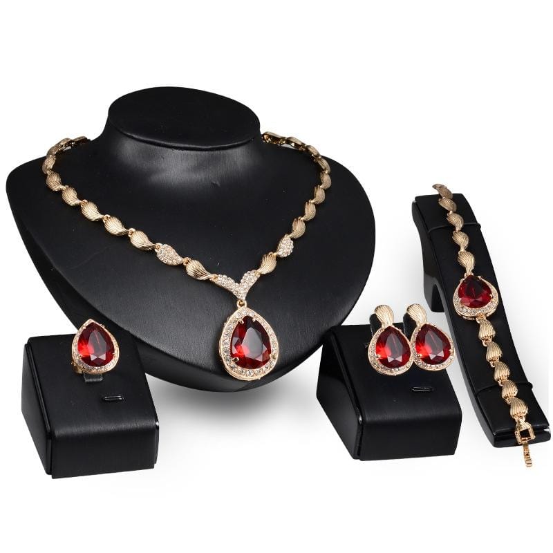 4 PCS Fashion Queen Drops Shape Alloy Gold Plated Necklace Earrings Bracelet Ring Jewelry Set (Red)