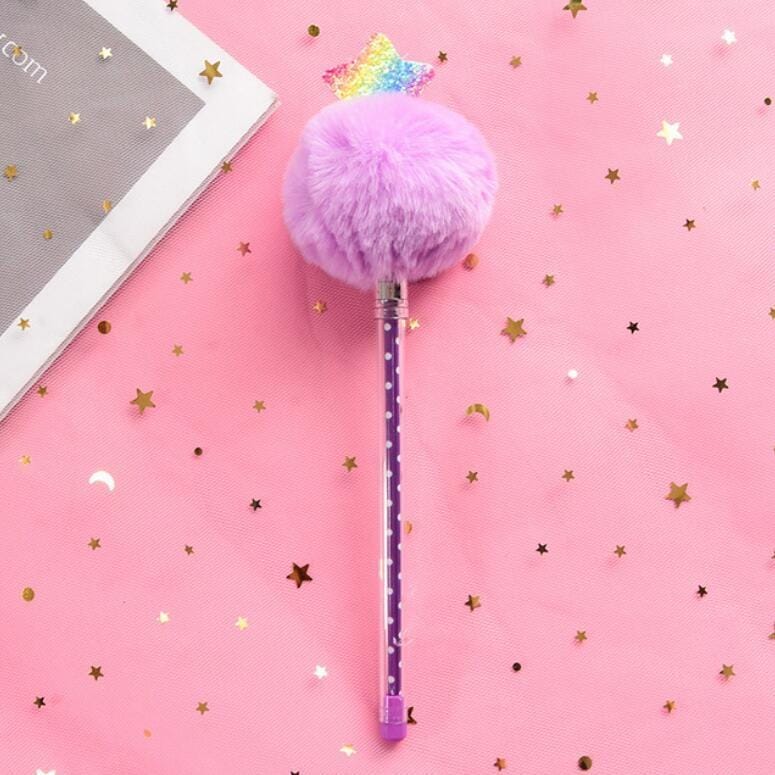 Creative Fur Ball Pendant Stationery Cute Plush Colored Pen Student Gel Pen (Pentagram Purple Fur Ball)