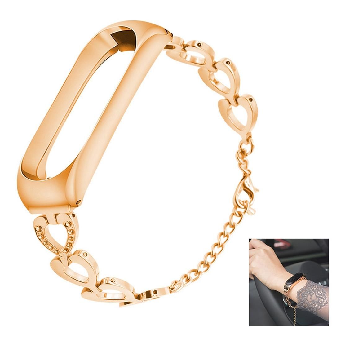 For Xiaomi Mi Band 3 / 4 Metal Heart Shape Replacement Strap Watchband, Color:Rose Gold