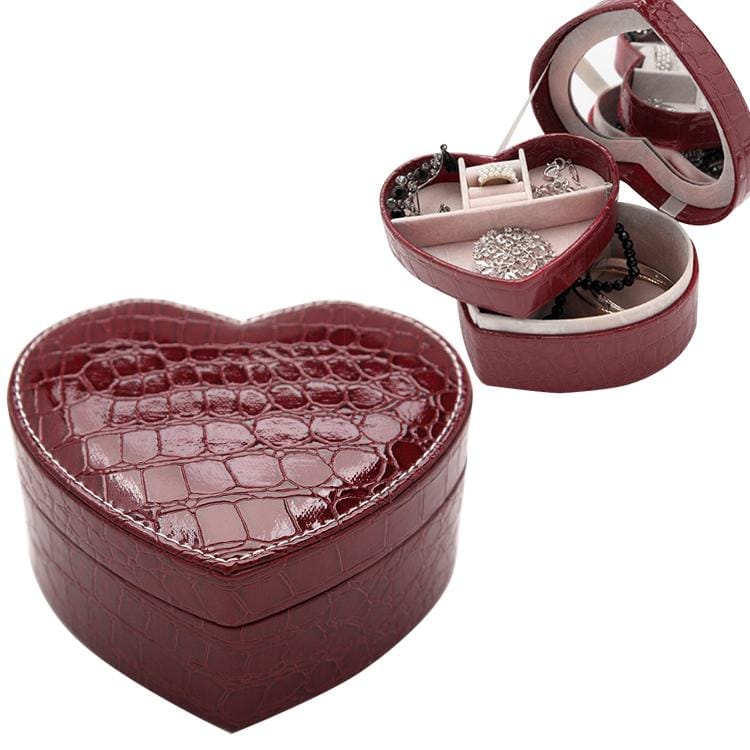 Two-layer Heart Shape Small Jewelry Box Synthetic Leather Rings and Earrings Mirrored Travel Storage Case (Purplish Red)