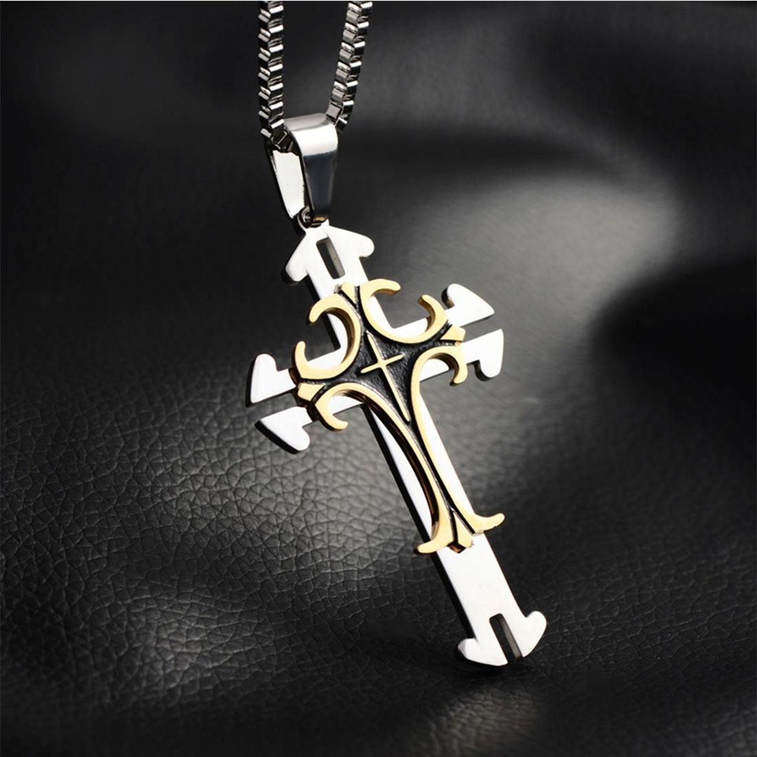 European and American Fashion Men Jewelry the Cross Style Double Layers Pendant Exquisite Titanium Steel Necklace