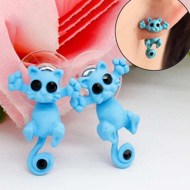 1 Pair Fashion Classic Kitten Animal Jewelry Cute Cat Stud Earrings for Girls (Blue)