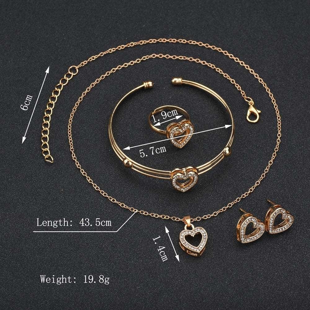 4 PCS/Set Cute Girls Heart Shape Neclace Earrings Ring Jewelry Sets