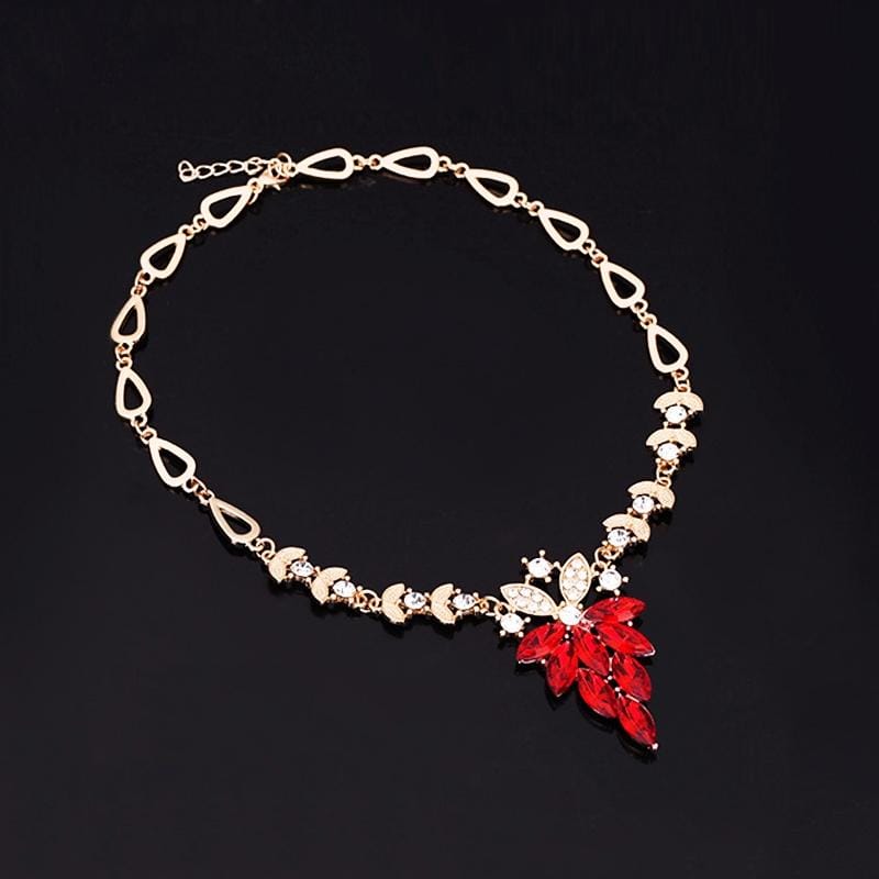 2 PCS Women Fashion Diamond-shape Leaves Flowers Necklaces Rings Jewelry Set (Red)