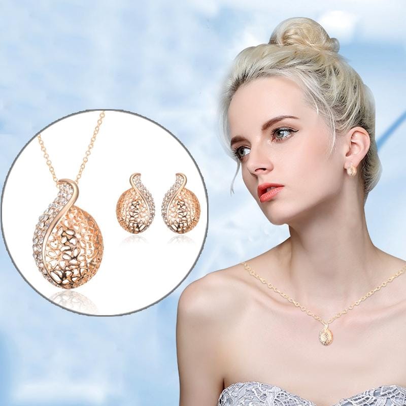 2pcs Simple Personality Lady Hollow Leaf S-line Necklace Earrings Jewelry Set (Gold)