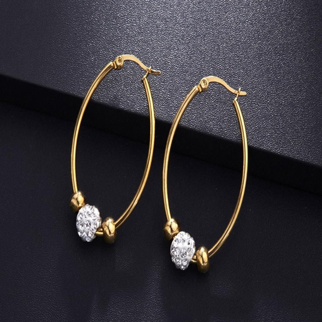 Women Wedding Fashion Jewelry Crystal Inlaid Beaded Titanium Steel Hoop Earrings (Gold)