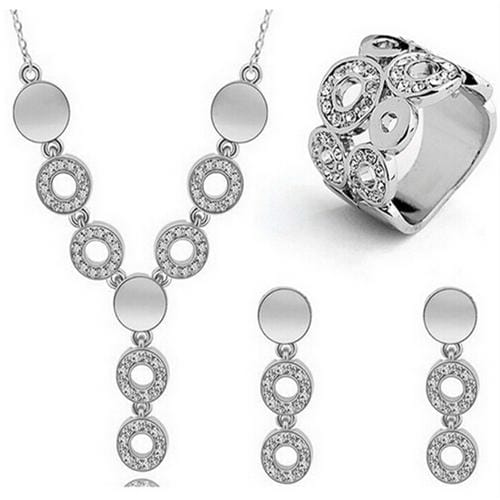 Fashion Crystal Women Circle Rhinestone Necklace Earrings Ring Set (Silver)