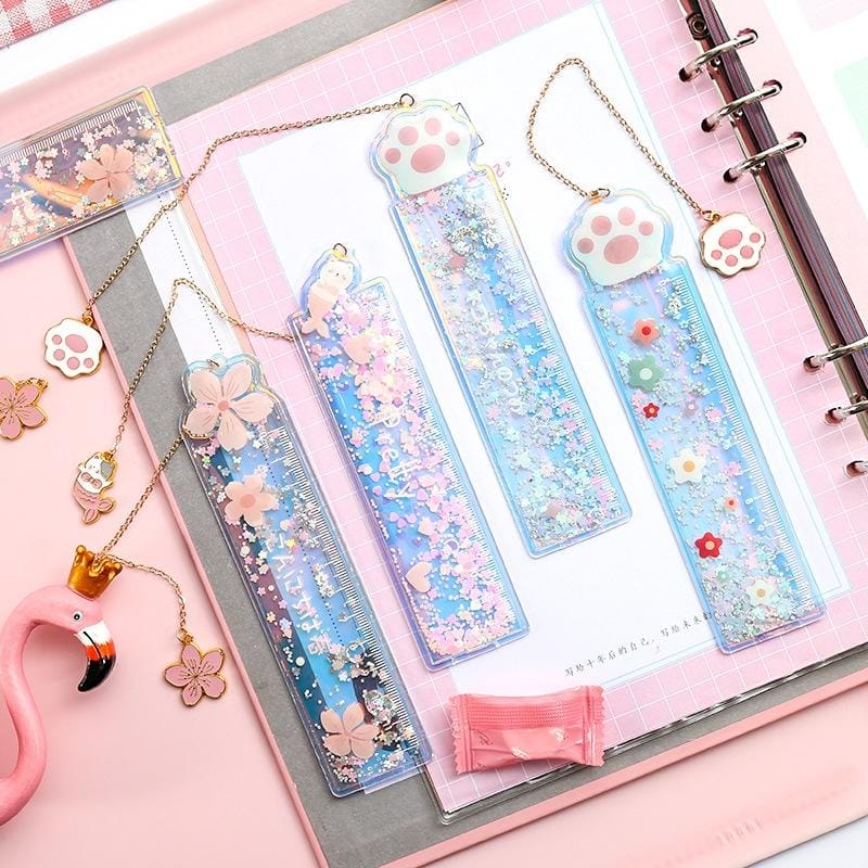 Cute Cartoon Quicksand Drawing Ruler Student Pendant Bookmark Stationery (Blue Fishtail Meow)