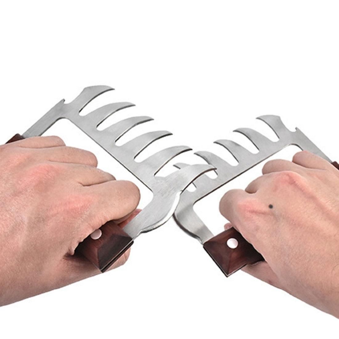 2 PCS Bear Claw Shaped stainless steel Barbecue Fork Chicken Shredded Wooden Handle  Anti-skid Creative Kitchen Fork Claw Meat Claw Splitter with (Redwood)