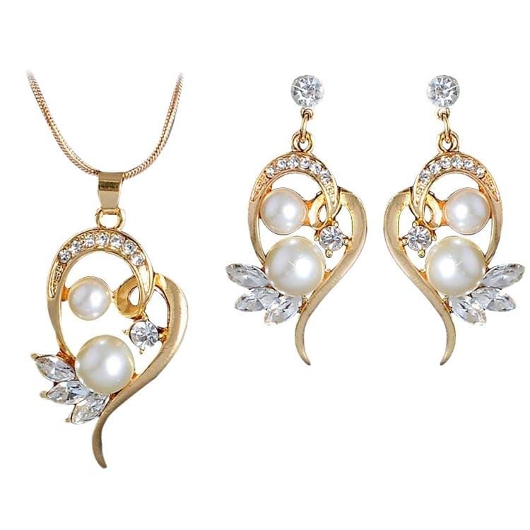 Fashion Cute Flower Simulated Pearl Crystal Wedding Jewelry Sets for Women (Gold)