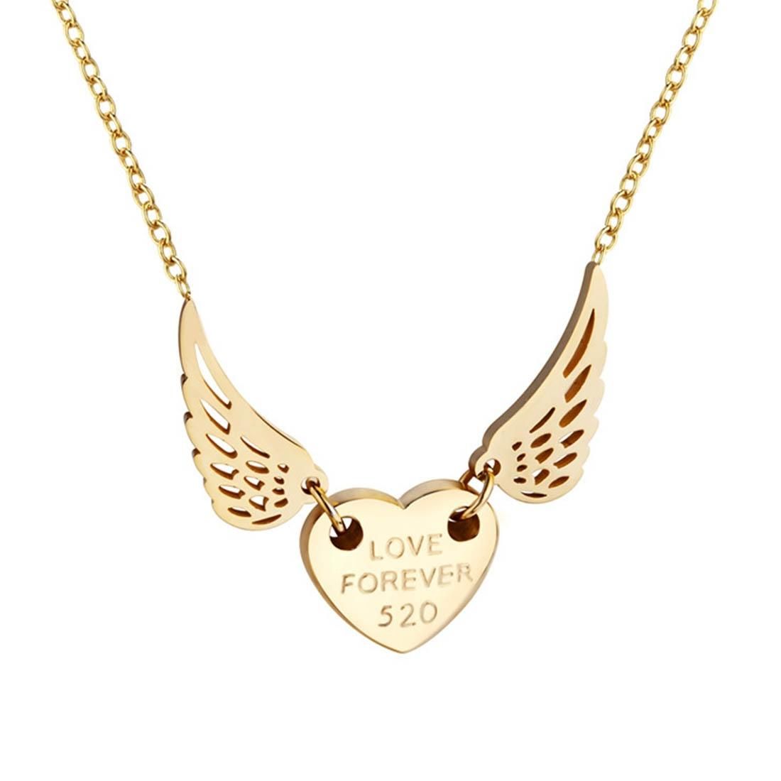Women Fashion Jewelry Titanium Steel Angel Wing Heart Letter Print Pendant Chain Necklace, Chain Length: 45cm (Rose Gold)
