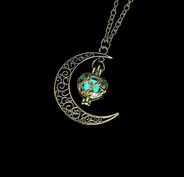 Women Moon Glowing Luminous Gem Charm Necklace Jewelry (Light blue)