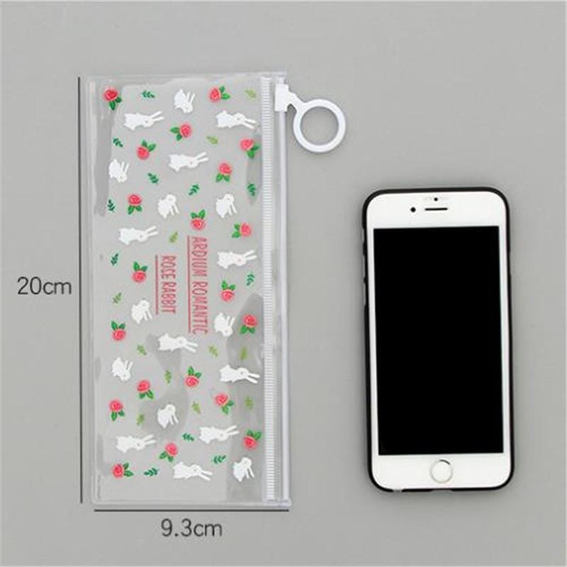 3 PCS Cartoon Floral Pen Bag Student Cute Transparent Pull Bag Creative Stationery (White Flowers)