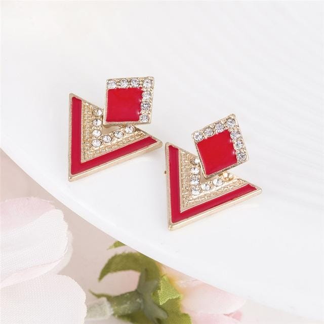 Fashion Rhinestone Geometric Drop Triangle Earrings (Red)