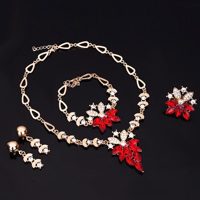 4 PCS Women Fashion Diamond-shape Leaves Flowers Necklaces Rings Bracelets Earrings Jewelry Set (White)