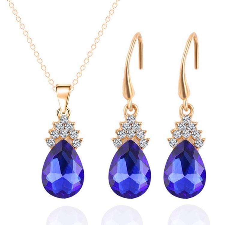 Fashion Diamond Ladies Crystal Zircon Drop Necklace Earring Set (Blue)