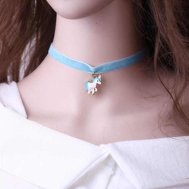 Women Animal Unicorn Lace Choker Necklace Pendant (Blue)