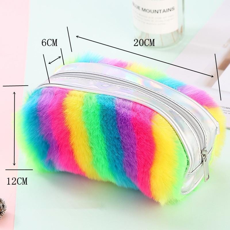 2 PCS Rainbow Color Plush Pencil Bag Student Large Capacity Stationery Storage Bag Ladies Makeup Clutch Bag (Rainbow Color)