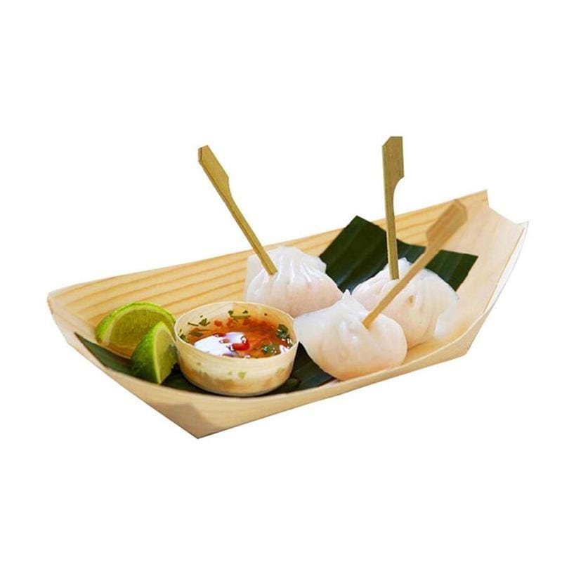 50 PCS / Set 14x8x2 cm  Disposable Wooden Kayak Meal Box Pastry Box Dessert Box