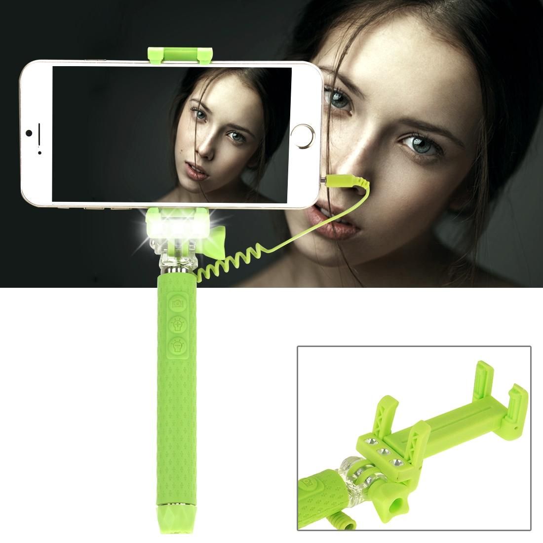 Portable Wire Controlled Monopod Folding Extendable Handheld Pocket Holder Selfie Stick with Sync LED Flash Light  for iOS & Android Phone, Folded Length: 13.5cm, Max Extension Length: 70.0cm (Green)