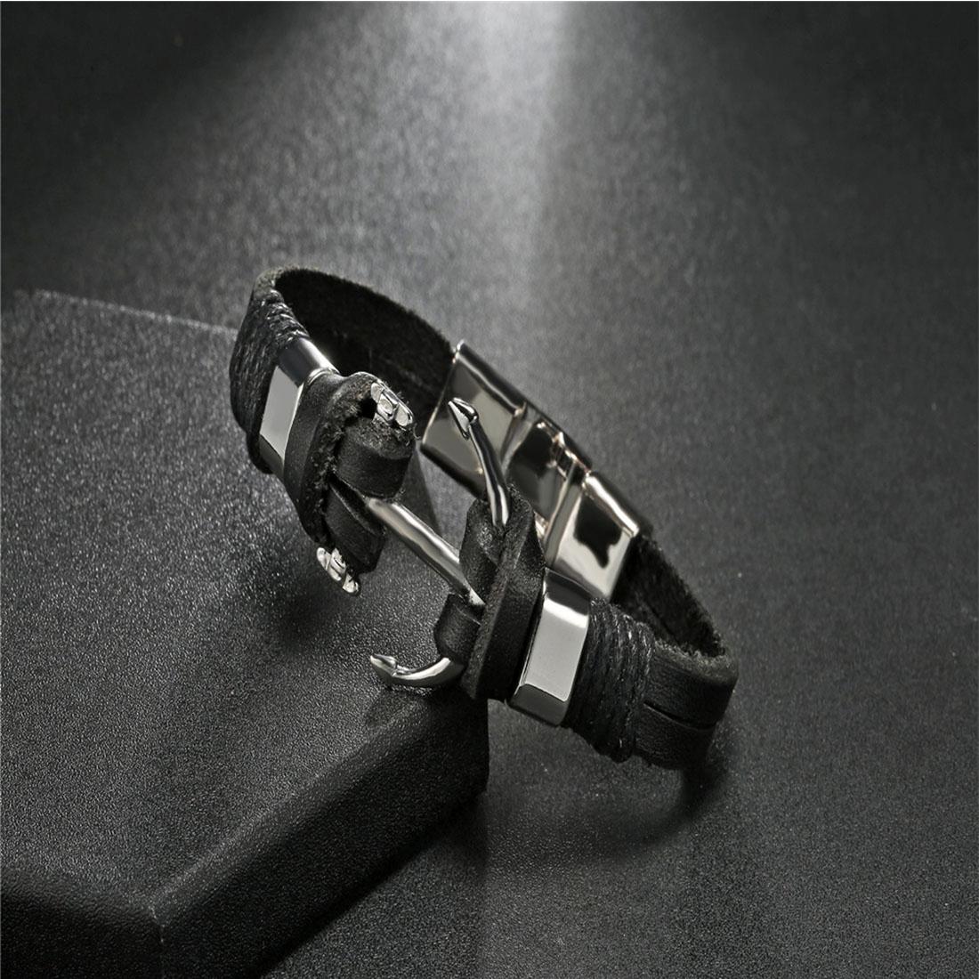 Fashion Men Jewelry Personality Double Layers Leather Hand Chain Classic Anchor Head Shape Genuine Leather Bracelet (Black)