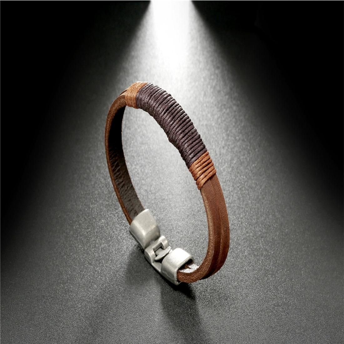 Fashion Personality Men Jewelry Double Layers Cowhide Leather Bracelet Classic Cotton Rope Braided Genuine Leather Bracelet