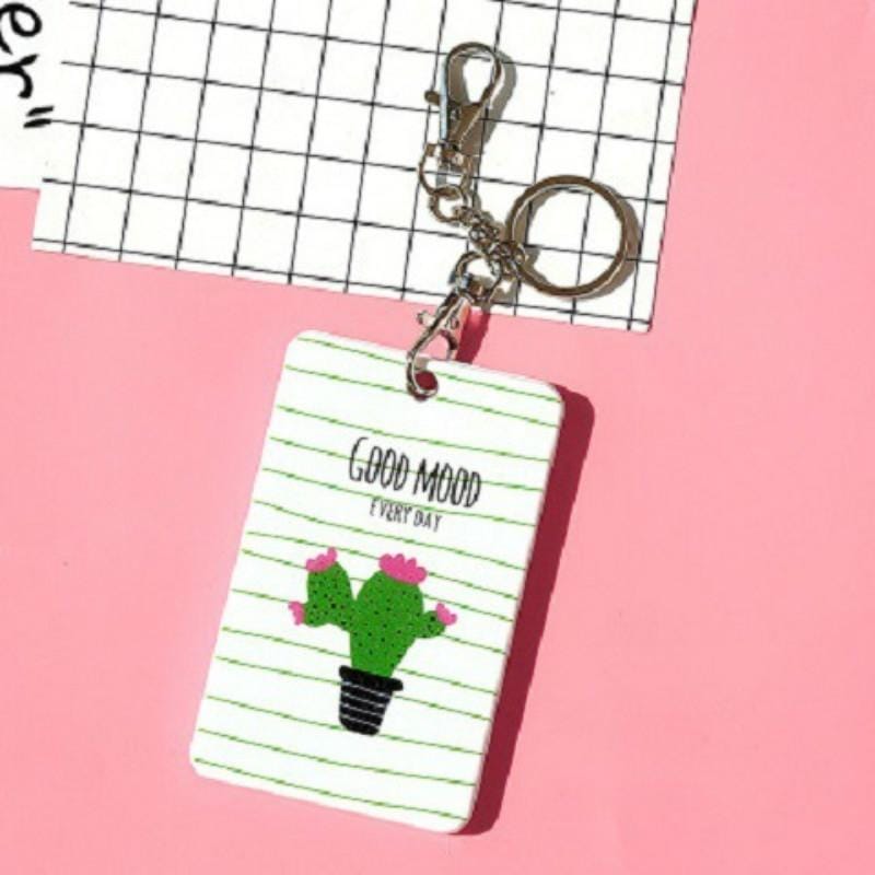 2 PCS Cute Cartoon Document Set Key Chain Bus Meal Card Protective Cover ID Card Set (Cactus C)