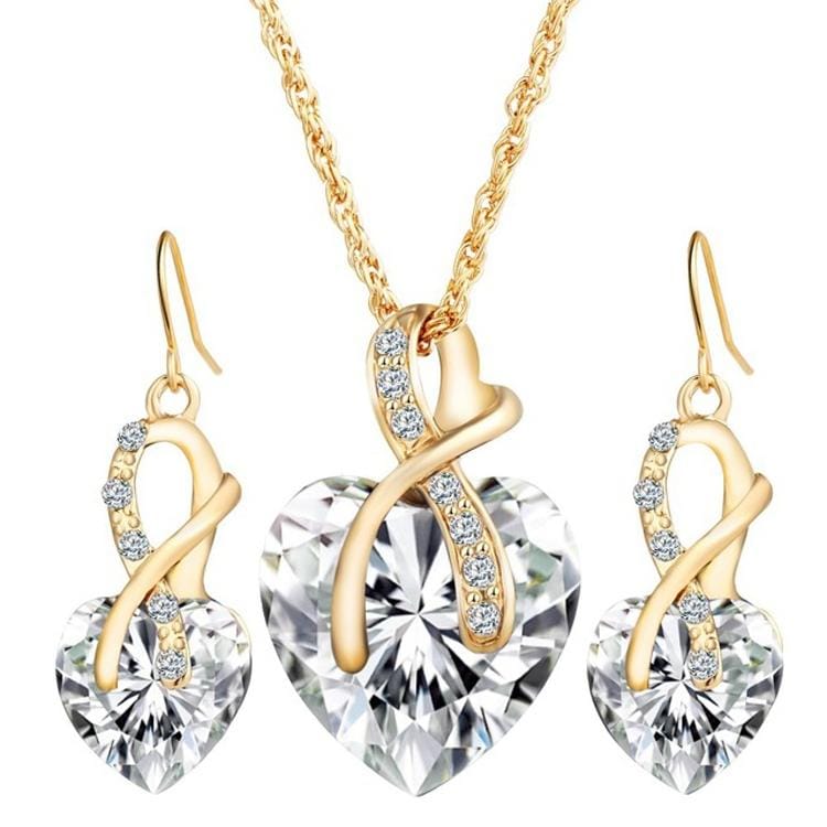 3 PCS / Set Women Heart Shaped Crystal Zircon Earring Necklace Jewelry Set (White)