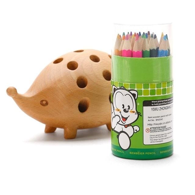 Wooden Hedgehog 24 Hole Pen Inserted Stand Multi-Functional Desk Holder Children Lovely Pencil Holder with 24 Color Pencils (Wood)