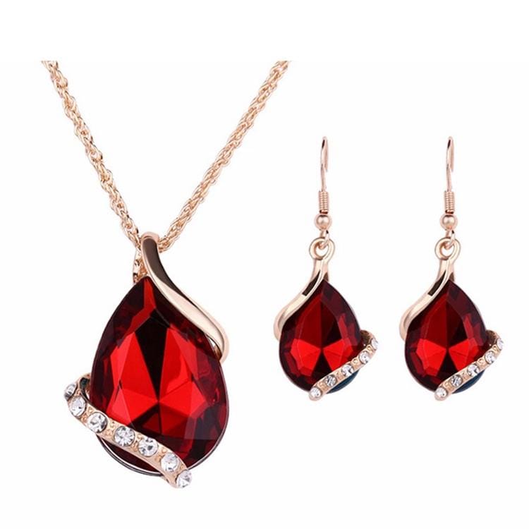 2 Sets Water Drop Gem Clavicle Necklace Pendant Earring Set (Red)