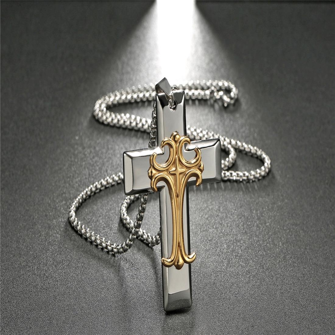 Personality Cross Necklace Stainless Steel Pendants Necklaces For Men Fashion Jewelry, (Silver)