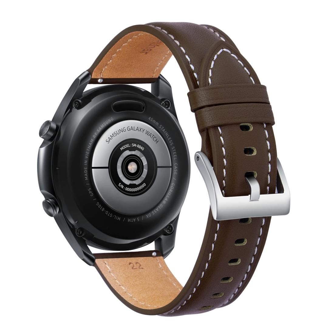 Genuine Leather Silver Buckle Replacement Strap Watchband, Size:For Samsung Galaxy Watch3 45mm (Dark Brown)