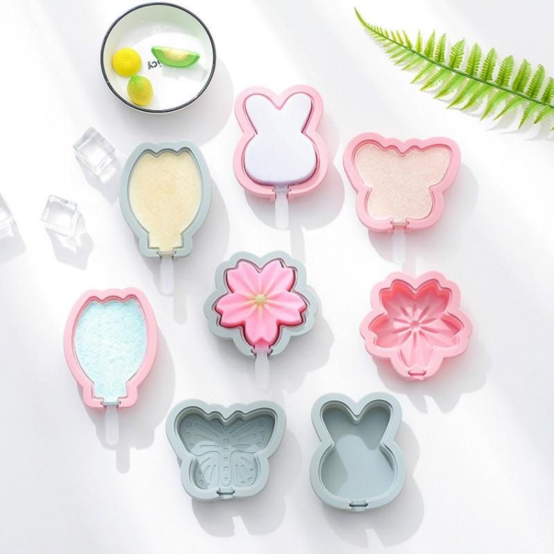 4 PCS DIY Cute Cartoon Animal Silicone Ice Cream Mold with Lid Homemade Handmade Popsicle Mold Making Ice Tray, Style:Butterfly (Pink)