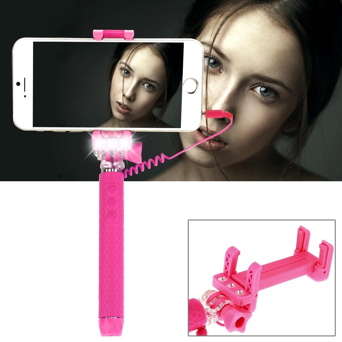 Portable Wire Controlled Monopod Folding Extendable Handheld Pocket Holder Selfie Stick with Sync LED Flash Light  for iOS & Android Phone, Folded Length: 13.5cm, Max Extension Length: 70.0cm (Purple)