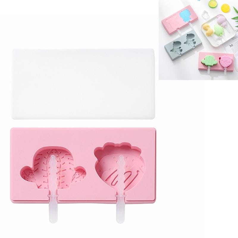 3 PCS Homemade Handmade DIY Cartoon Fruit with Lid Silicone Ice Cream Mold Making Ice Tray, Style:Cactus Strawberry (Pink)