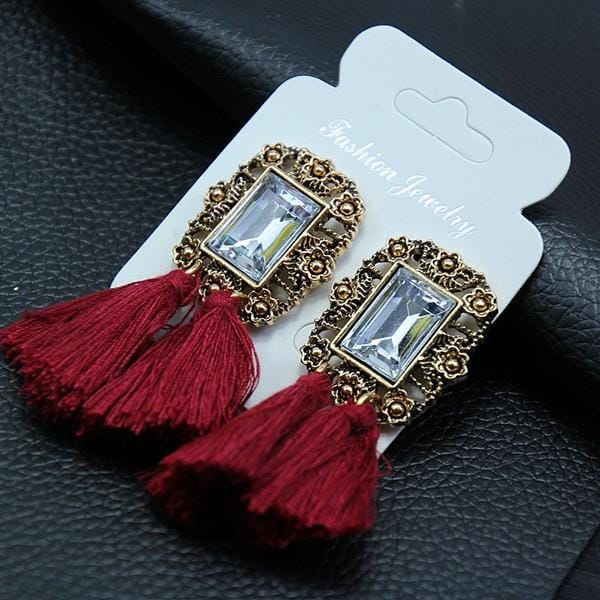 Gemstone Court Fringe Long Earrings Bohemian Tassels Fringe Exaggerated Vintage Stud Earrings (Dark red)
