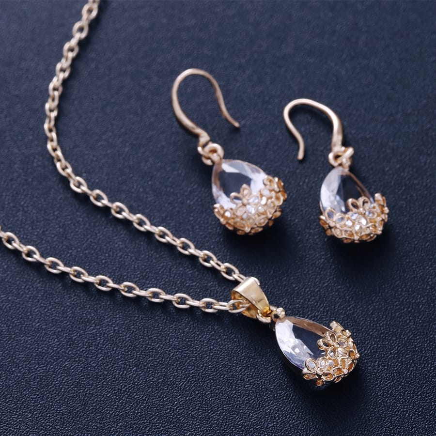 2 Sets Fashion Water Drop Crystal Zircon Necklace Stud Earrings Jewelry Sets For Women (Silver)