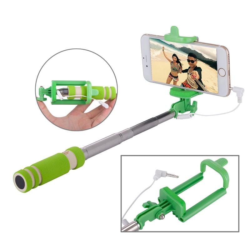 Mini Wire Controlled Selfie Stick Monopod Folding Extendable Pocket Handheld Holder for iOS & Android Phone, Folded Length: 18.5cm, Max Extension Length: 60.3cm (Green)