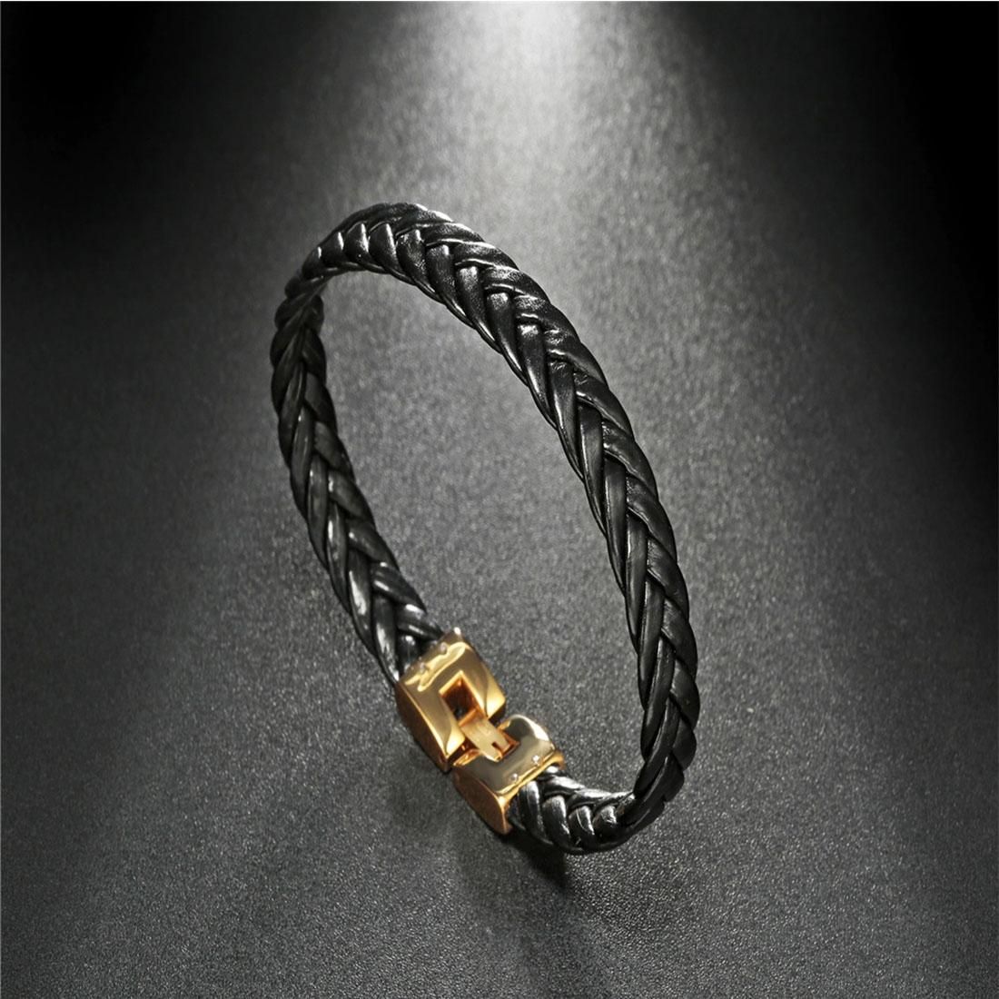 Fashion Jewelry Men High-end Leather Bracelet Classic Genuine Leather Stainless Steel Clamp Buckle Weave Bracelet